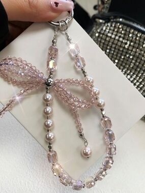 Pink Crystal Bow Phone Charm | Pearl Beaded Phone Strap |Coquette |Keychin